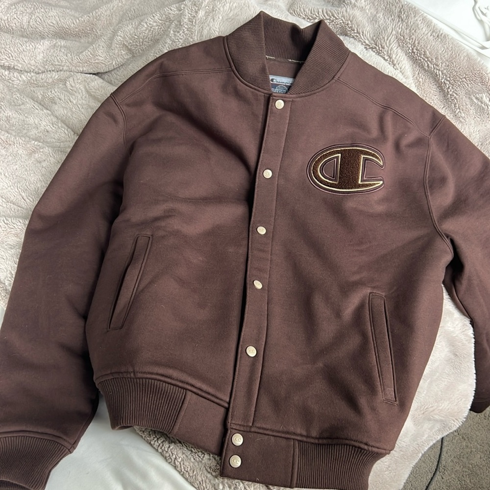 Rare Vintage CHAMPION Embroidered Varsity Bomber Jacket Quilted Lining Brown